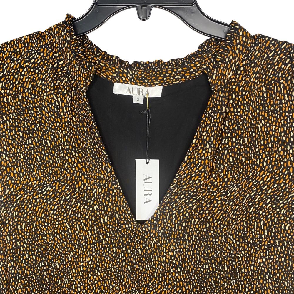 Aura The Label Women Small Black Orange Dotted Tiered Ruffle Neck Midi Dress NEW - Picture 5 of 14